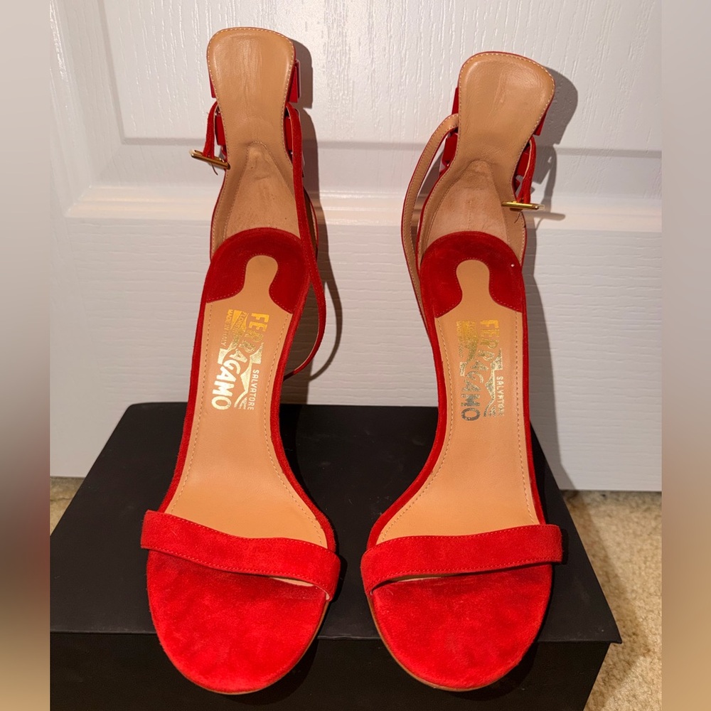 Salvatore Ferragamo Red Suede Lace-Up Heels | Bow Detail Sandals | Size 38.5
